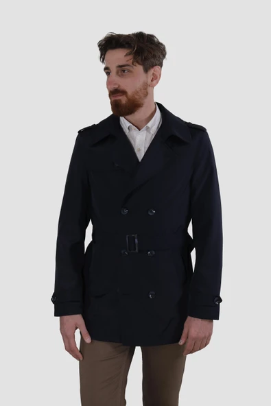 Erkek Kısa Kruvaze Trençkot Slim Fit 4030-LACİVERT ürün görseli 1