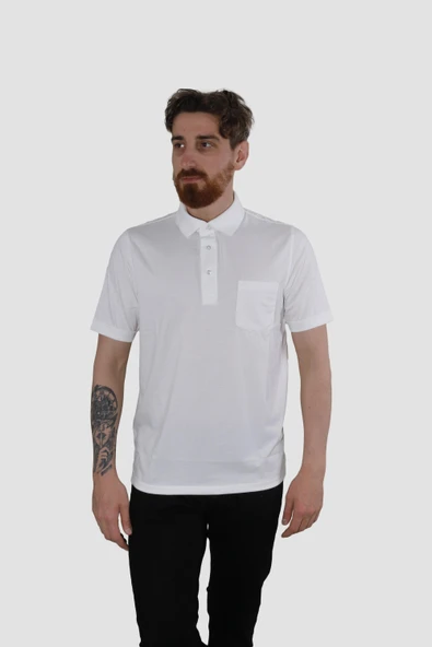 Erkek Polo Yaka Cepli Pamuklu Regular Fit Tişört 2510-BEYAZ ürün görseli 1