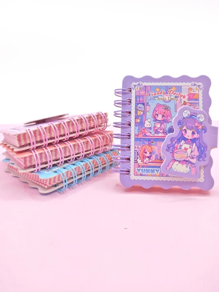 Candy Sevimli Kız Cırtlı Cep Boy Mini Not Defteri (7x8 cm) - Mor ürün görseli 1