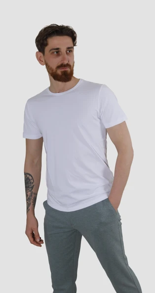 Erkek Bisiklet Yaka Düz Pamuklu Slim Fit Tişört 3068-BEYAZ ürün görseli 1