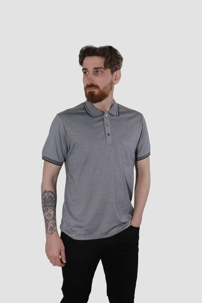 Erkek Polo Yaka Cepli Pamuklu Regular Fit Tişört 2448-SİYHA/GRİ ürün görseli 1