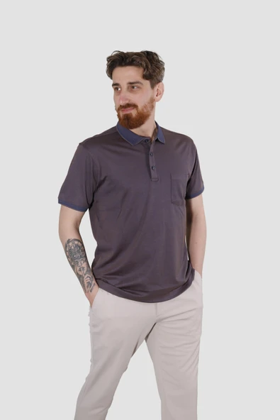 Erkek Polo Yaka Cepli Pamuklu Regular Fit Tişört 2448-KAHVE LACİ ürün görseli 1