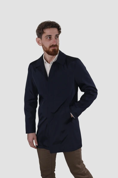 Erkek Kısa Bebe Yaka Kısa Slim Fit Trençkot  Y128-LACİVERT ürün görseli 1