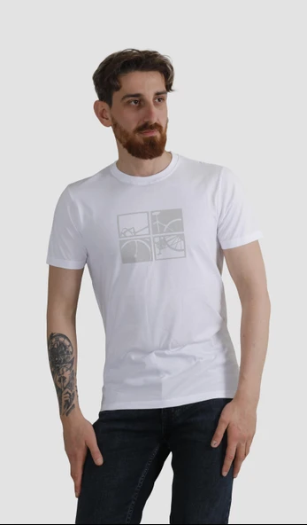Erkek Bisiklet Yaka Bisiklet Baskılı Pamuklu Slim Fit Tişört 3107-BEYAZ ürün görseli 1