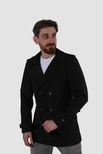Erkek Kısa Kruvaze Trençkot Slim Fit 4030-SİYAH ürün görseli 1
