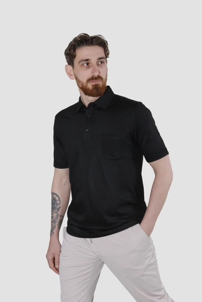 Erkek Polo Yaka Cepli Pamuklu Regular Fit Tişört 2510-SİYAH ürün görseli 1