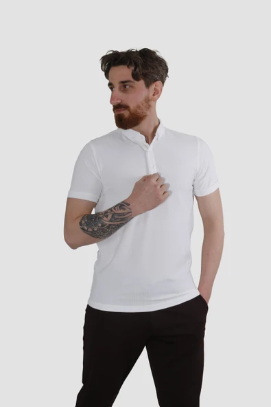 Erkek Gömlek Yaka Pamuklu Slim Fit Tişört 2562-Y-BEYAZ ürün görseli 1
