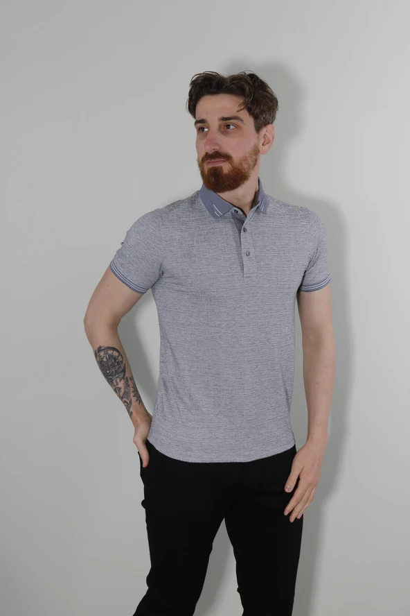 Erkek Polo Yaka Desenli Pamuklu Slim Fit Tişört 2976Y-GRİ ürün görseli 1