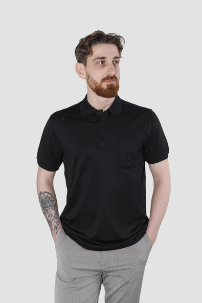Erkek Polo Yaka Cepli Pamuklu Regular Fit Tişört 2448-SİYAH ürün görseli 1