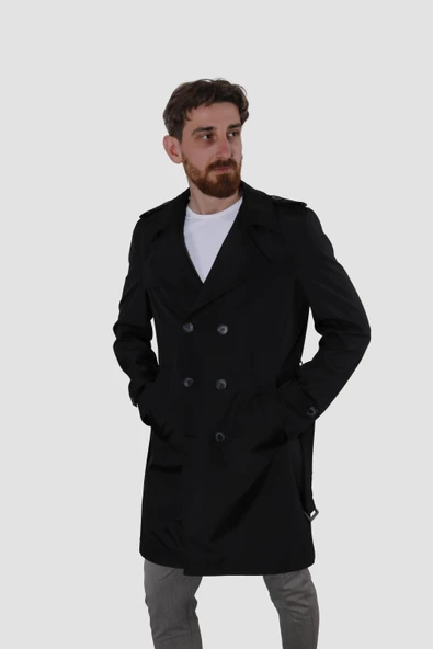 Erkek Uzun Kruvaze Trençkot Regular Fit 5030-SİYAH ürün görseli 1