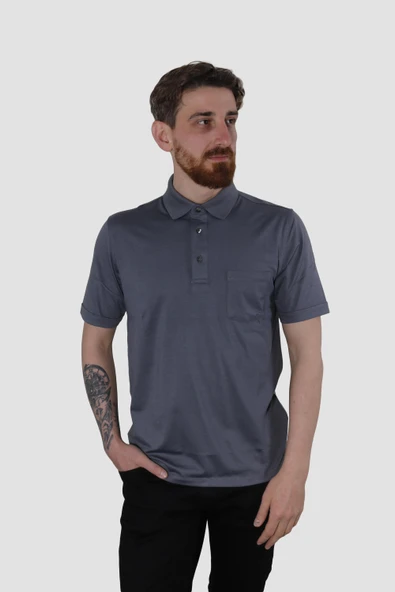 Erkek Polo Yaka Cepli Pamuklu Regular Fit Tişört 2510-ANTRASİT ürün görseli 1