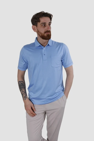 Erkek Polo Yaka Cepli Pamuklu Regular Fit Tişört 2510-MAVİ ürün görseli 1