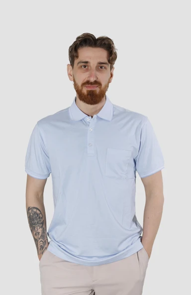 Erkek Polo Yaka Cepli Pamuklu Regular Fit Tişört 2448-MAVİ ürün görseli 1