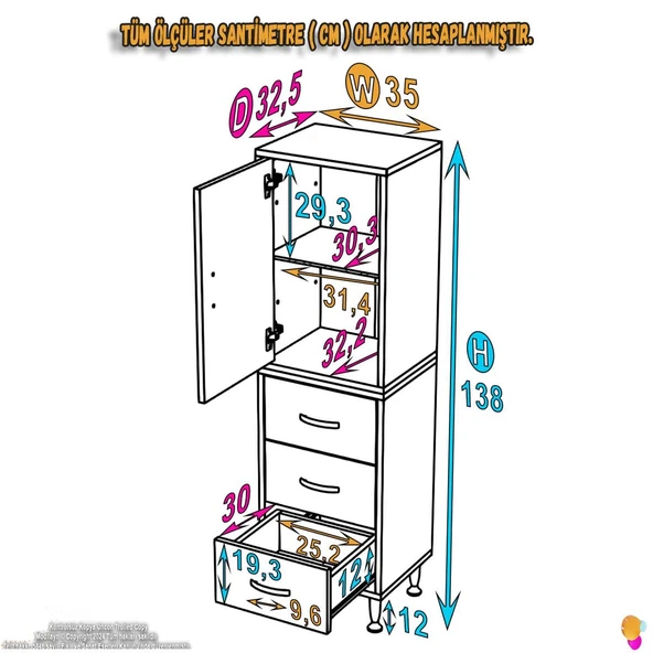Modilayn İLKİM 35 x 138 x 32,5 cm' lik Kapak İçi Çift Raflı ve 3 Çekmeceli Düzen Harikası Dolap ürün görseli 1