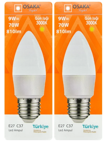 (2 Adet) Osaka 9W (70W) Sarı Işık (3000K) E27 Duylu (Kalın Duy) Led Mum Ampul ürün görseli 1