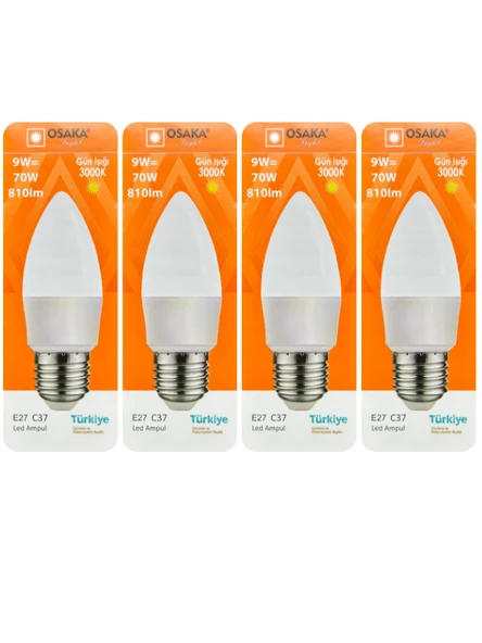 (4 Adet) Osaka 9W (70W) Sarı Işık (3000K) E27 Duylu (Kalın Duy) Led Mum Ampul ürün görseli 1