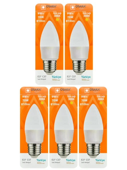 (5 Adet) Osaka 9W (70W) Sarı Işık (3000K) E27 Duylu (Kalın Duy) Led Mum Ampul ürün görseli 1
