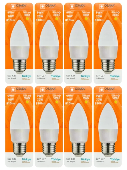 (8 Adet) Osaka 9W (70W) Sarı Işık (3000K) E27 Duylu (Kalın Duy) Led Mum Ampul ürün görseli 1