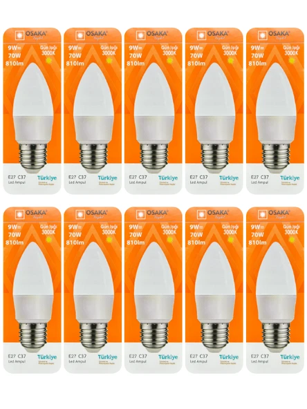 (10 Adet) Osaka 9W (70W) Sarı Işık (3000K) E27 Duylu (Kalın Duy) Led Mum Ampul ürün görseli 1