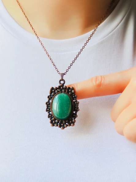 Doğal Taş Yeşil Akik Doğal Taşlı Çiçek Desenli Otantik Kadın Kolye 45 Cm Zincirli euk31ya ürün görseli 1