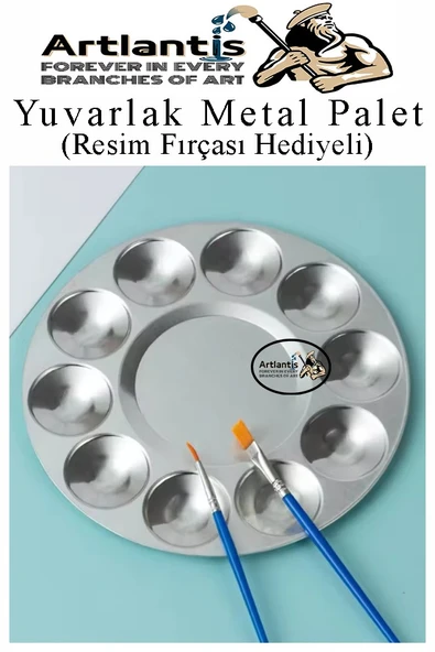 Yuvarlak Metal Palet 1 Adet Metal Boya Paleti 10 Hazneli 17 cm Paslanmaz Resim Boyama Paleti Fırça Hediyeli ürün görseli 1