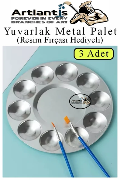 Yuvarlak Metal Palet 3 Adet Metal Boya Paleti 10 Hazneli 17 cm Paslanmaz Resim Boyama Paleti Fırça Hediyeli ürün görseli 1