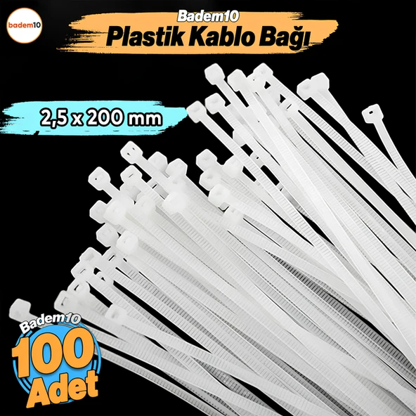 2,5 x 200 mm 100 Adet Cırt Kelepçe 20 cm Plastik Beyaz Renk Zip Kablo Bağı Çok Amaçlı Bağlama ürün görseli 1