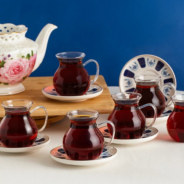 Perotti 17903 Laleli 12 Parça 6 Kişilik Çay Seti 210 ml Borosilikat Cam Kulplu Tombik Bardak ve Porselen Çay Tabağı Takımı ürün görseli 1