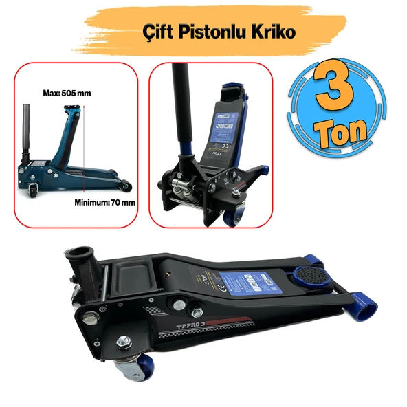 Çift Pistonlu Alçak Şase Profil Kriko 3 Ton Oto Araç Araba Kaldırma Sabitleme Kollu 505 mm ürün görseli 1