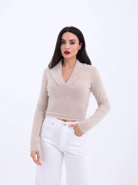 42531 TRİKO SİMLİ YAKALI CROP-TAŞ ürün görseli 1