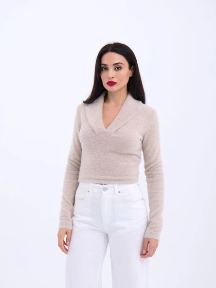 42531 TRİKO SİMLİ YAKALI CROP-TAŞ - Resim 3