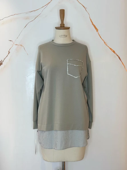 TAŞLI CEPLİ DANTELLİ SWEATSHIRT ürün görseli 1