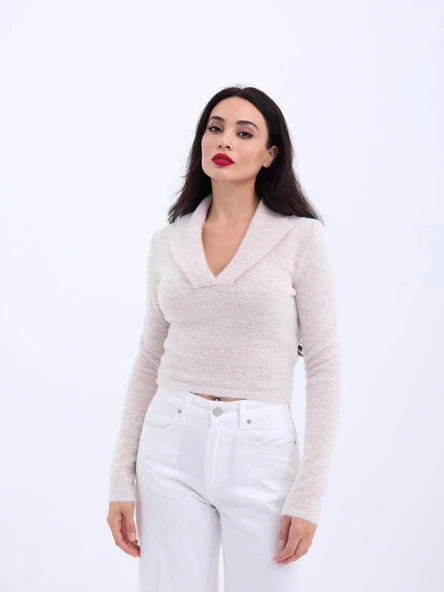 42531 TRİKO SİMLİ YAKALI CROP-EKRU - Resim 5