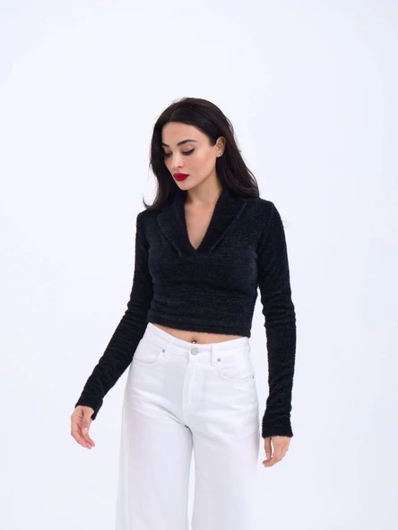 42531 TRİKO SİMLİ YAKALI CROP-SİYAH - Resim 5