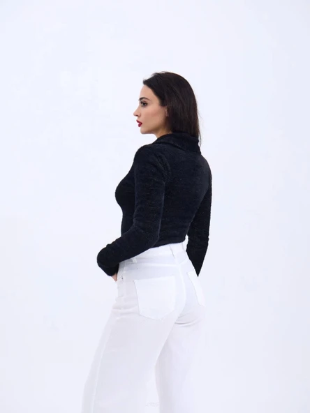 42531 TRİKO SİMLİ YAKALI CROP-SİYAH - Resim 3