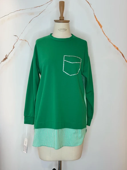 TAŞLI CEPLİ DANTELLİ SWEATSHIRT - Resim 3