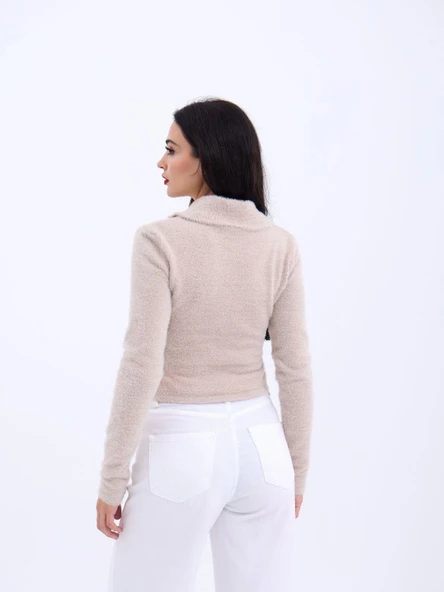 42531 TRİKO SİMLİ YAKALI CROP-TAŞ - Resim 2
