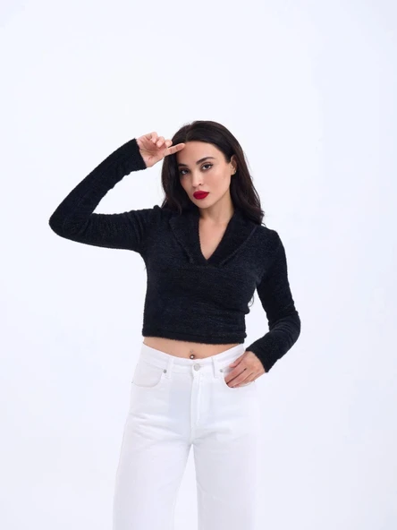 42531 TRİKO SİMLİ YAKALI CROP-SİYAH - Resim 4