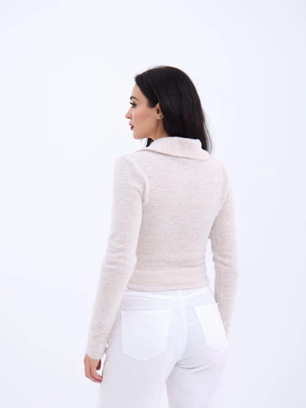 42531 TRİKO SİMLİ YAKALI CROP-EKRU - Resim 2