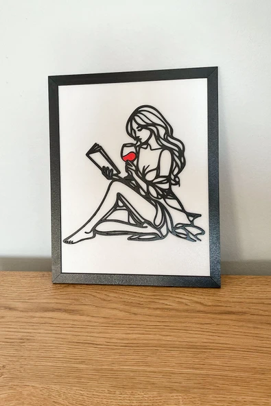 Modern Siyah Çerçeveli Ahşap Kitap Okuyan Kadın Tablosu | 3D Katmanlı Tasarım – 25x20 cm ürün görseli 1