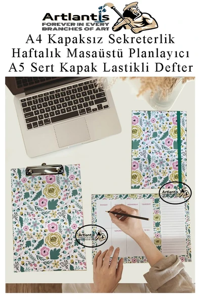 Desenli A4 Kapaksız Sekreterlik Masaüstü Haftalık Planlayıcı ve A5 Sert Kapak Lastikli Defter Planner Planlama Seti Ofis ürün görseli 1