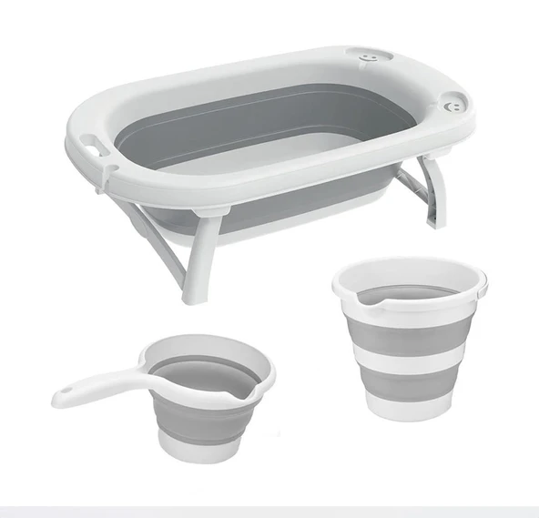 Omnipazar AK-779 Katlanır Bebek Yıkama Banyo Küvet 3'lü Set Beyaz-Gri ürün görseli 1