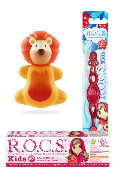 R.O.C.S. Kids 4-7 Yaş Ağız Bakım Seti -ahududu Macun + Kids Fırça Kırmızı +aslan Saklama Kabı ürün görseli 1