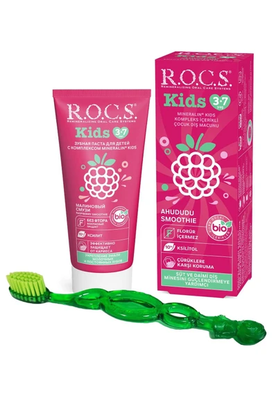 R.O.C.S. Kıds 3-7 Yaş Ahududu Smoothıe Tadında Florürsüz Diş Mcn+3-7 Kids Fırça Seti-yeşil ürün görseli 1