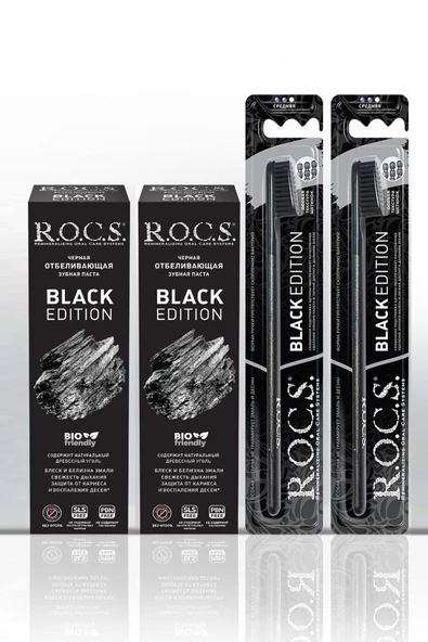R.O.C.S. Rocs Black Edition Kömür Özlü Beyazlatıcı Ağız Bakım Seti - 2 Macun Ve 2 Fırça ürün görseli 1