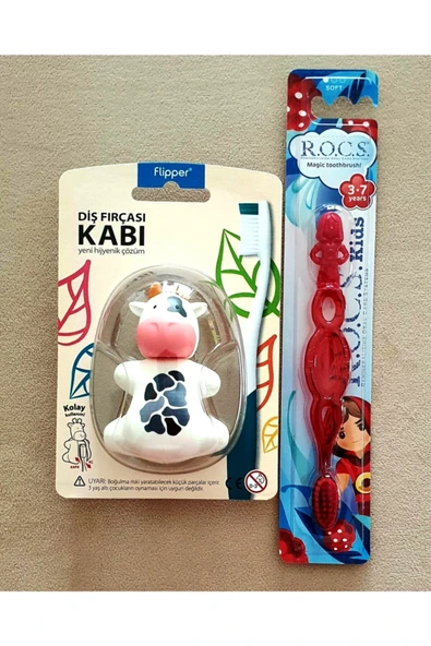 R.O.C.S. R.o.c.s 3-7 Yaş Diş Fırçası Kırmızı Ve Inek Figürlü Flipper Diş Fırça Kabı ürün görseli 1