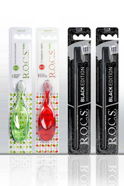 R.O.C.S. Rocs Black Edıtıon 2 Adet Diş Fırça Ve 2 Adet 0-3 Baby Diş Fırça Aile Seti (KIRMIZI-YEŞİL) ürün görseli 1