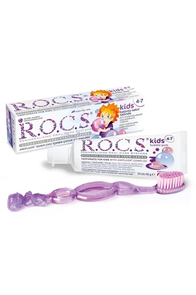 R.O.C.S. Rocs Kids 4-7 Balon Sakızı Tadında Diş Macunu 45g Diş Fırçası Seti-lila ürün görseli 1