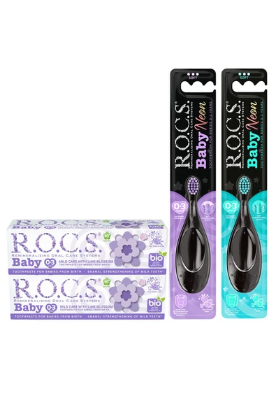 R.O.C.S. Baby 0-3 Yaş Ihlamur Özlü Diş Mcn Ve Baby Neon Diş Frc- 2 Macun + 2 Fırça Set Turkuaz-mor ürün görseli 1
