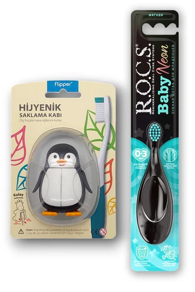 R.O.C.S. Baby Neon 0-3 Yaş Diş Fırçası Turkuaz Ve Flipper Hijyenik Saklama Kabı Seti - Penguen ürün görseli 1